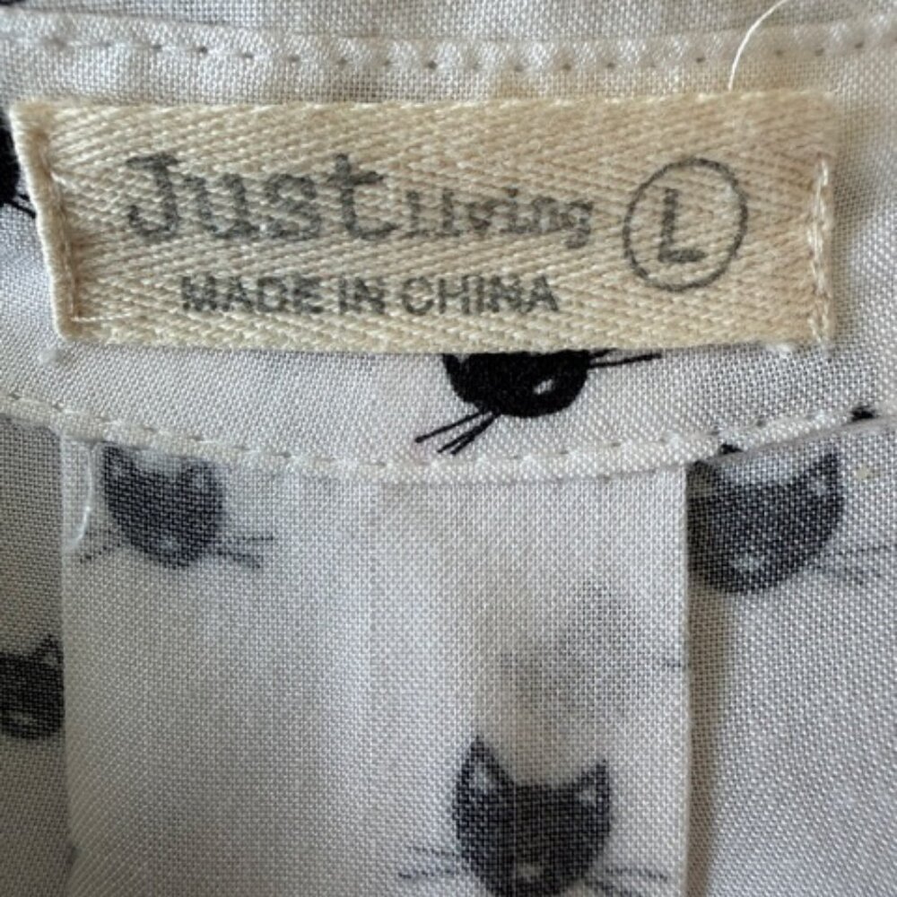 Just Living Black&White Cat Print Long Sleeve Roll Tab Blouse Large Novelty Boho - Picture 6 of 10